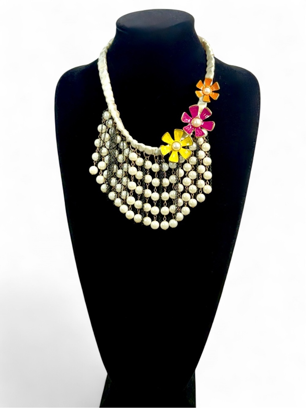 Colorful Yellow, Pink & Orange Flower Pearl Waterfall Bib Statement Necklace NWT